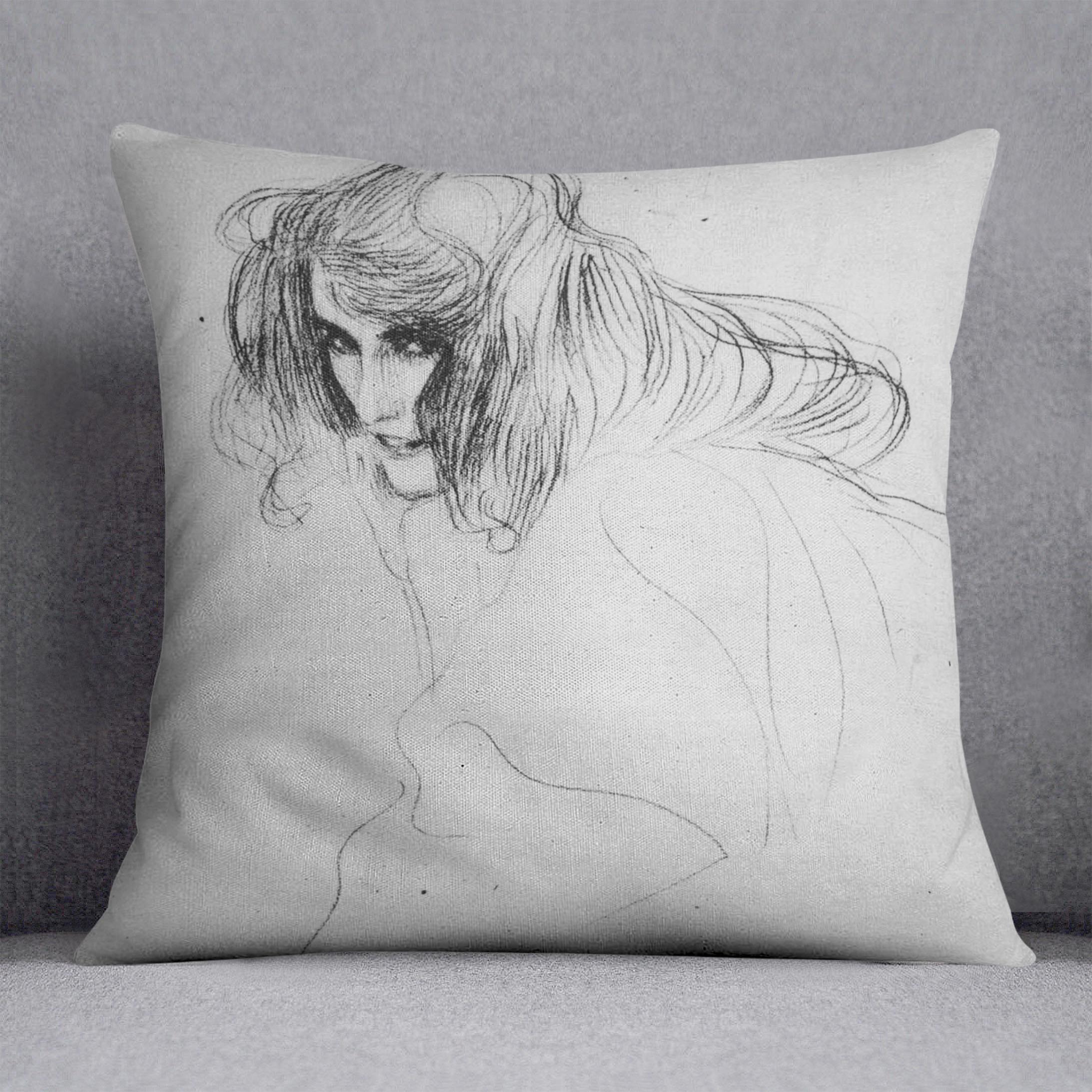 A vibrant cushion featuring a woman's head in three quarters profile, inspired by Klimt's artwork, made from luxurious vegan faux suede.